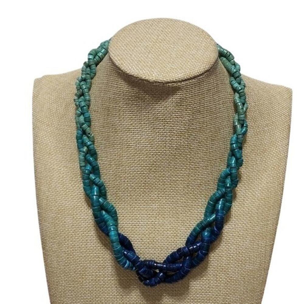 Treska Blue Ombre Braided Wood Bead Multi Strand Necklace Boho Coastal Teal